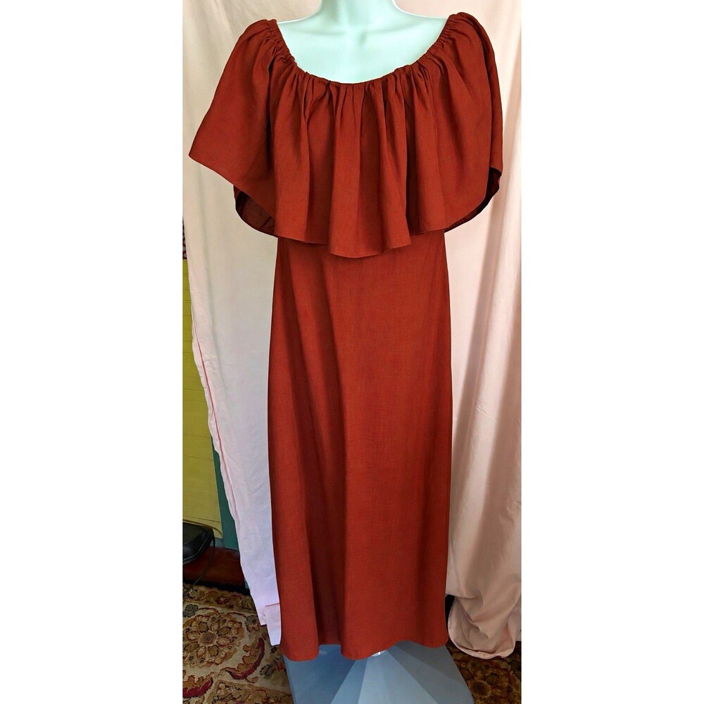 Zara Womens S Rust Linen Viscose Ruffle Off Shoulder Maxi Dress Morocco